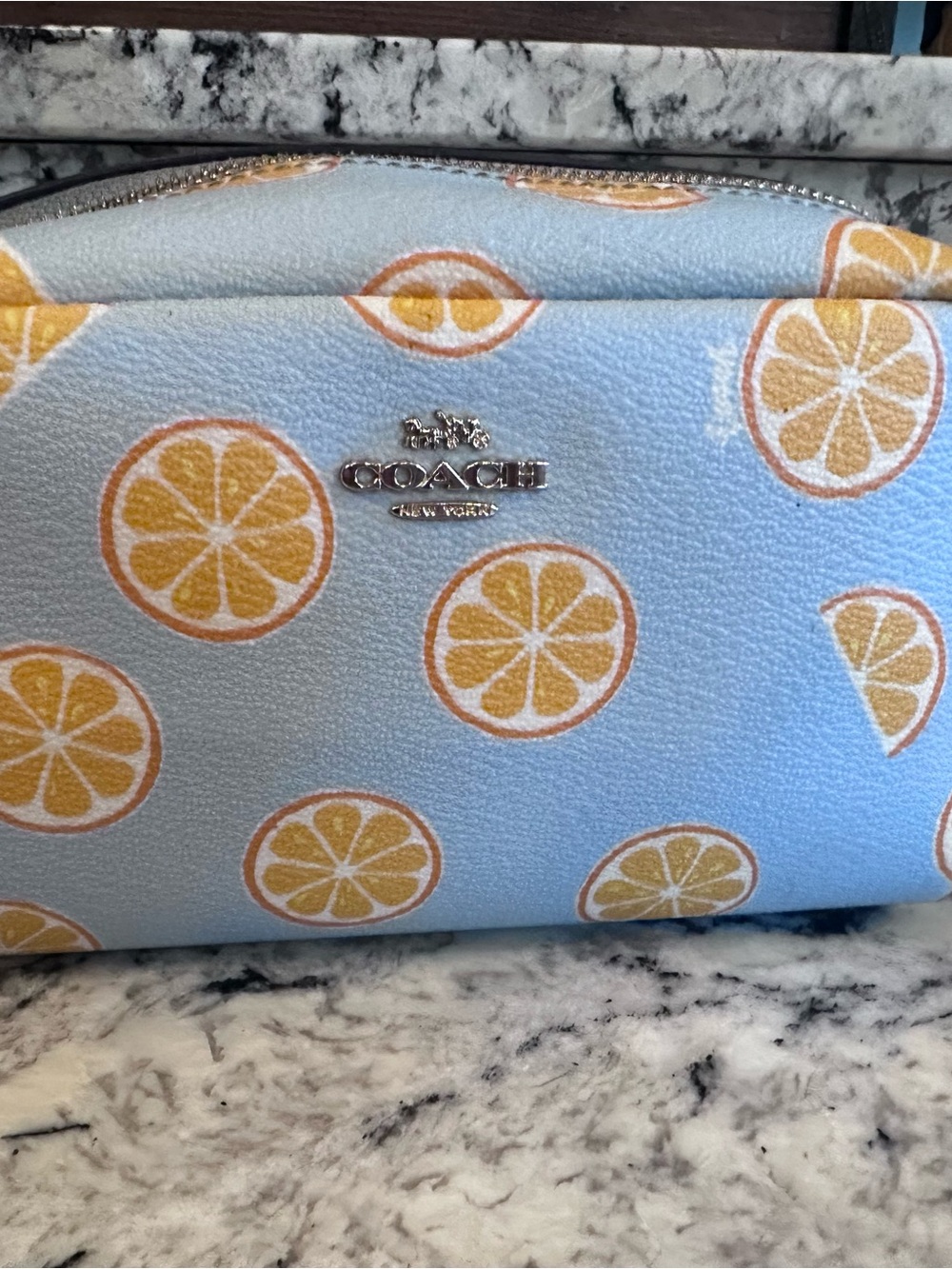 Coach Light Blue Cosmetic Pouch with Orange Print